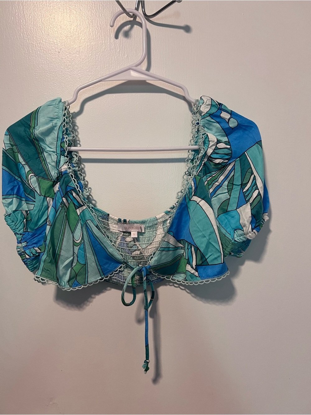 Olivaceous Blue & Teal Smocked Tie-Front Crop Top